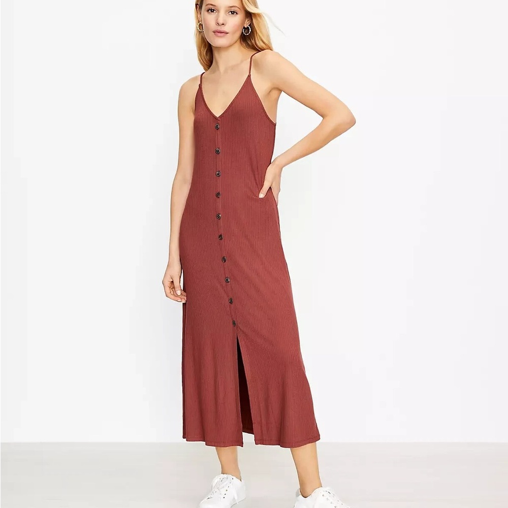 LOFT Sleeveless Midi Dress Adjustable Strap Rib‎ Knit Button Front Size Large